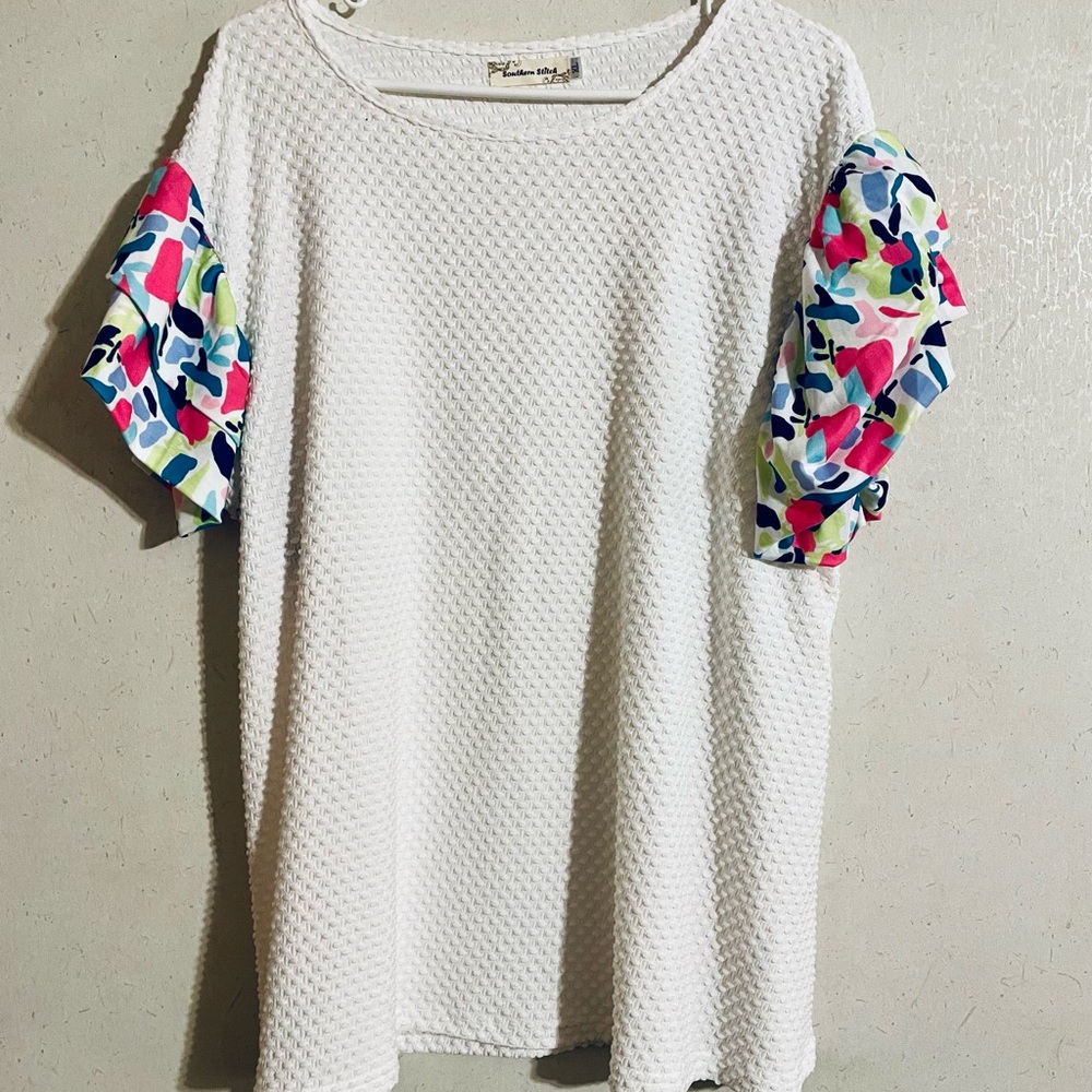 White Textured Top with Colorful Sleeves